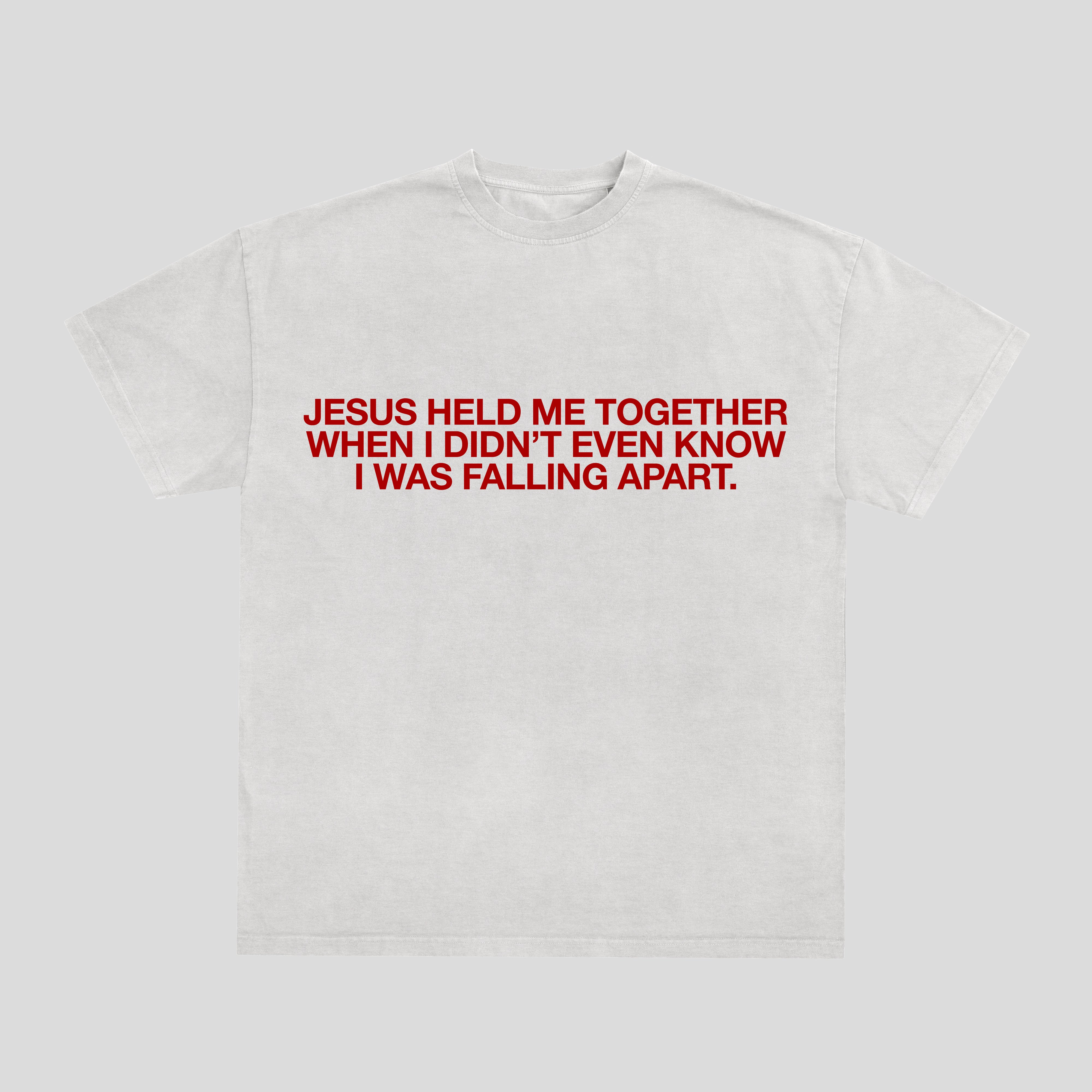 White t-shirt with red text on a white background